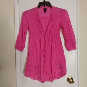 Pink Tunic Button Down Quarter Sleeve Sheer Dress